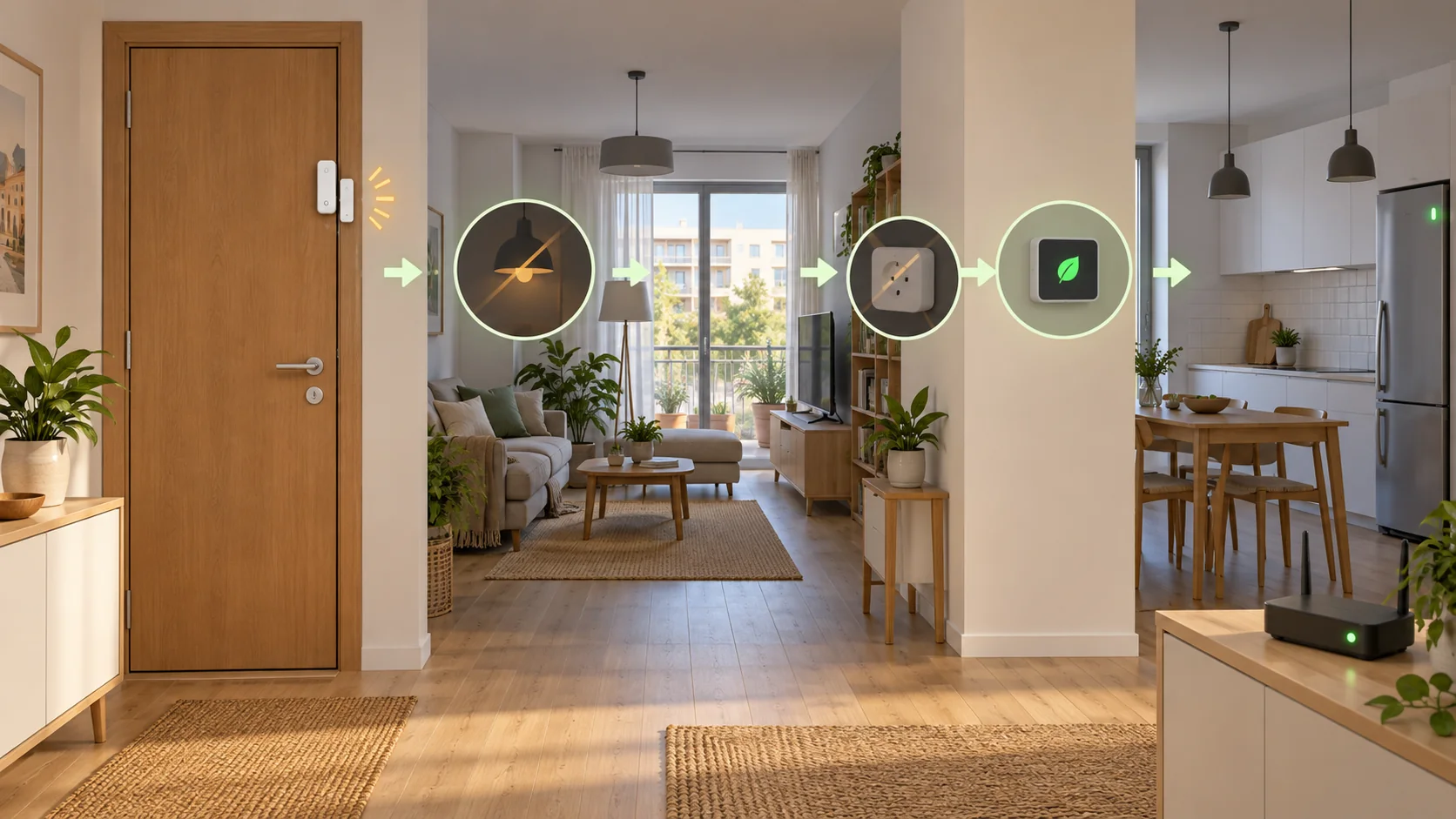 Casa vacía con luces y enchufes no esenciales apagados mientras el router y el frigorífico permanecen encendidos